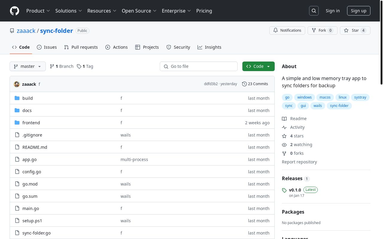 做了一个同步本地文件夹托盘应用，基于 go wails+systray 的低内存占用