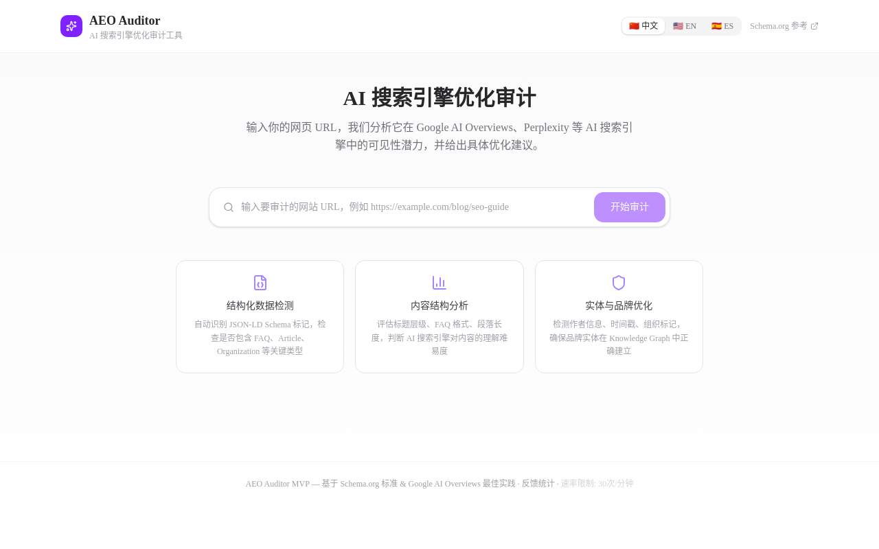 我做了一个免费的 SEO 自助诊断工具: 7 步审计你的网站 — AEO Auditor