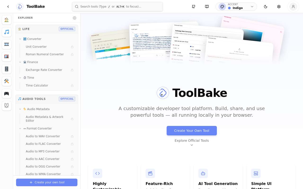 ToolBake - 写了个完全可自定义工具,支持图片视频音频处理的网页工具平台,也支持由 AI 快速生成工具