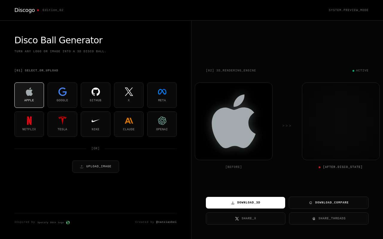 🪩 Discogo:受 Spotify 新 logo 启发开发了个新玩意,将任意 logo 或图片转为 3D 迪斯科球