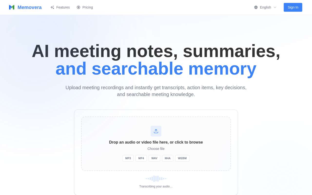 最近做了一个 AI 会议记录和播客转录工具: Memovera