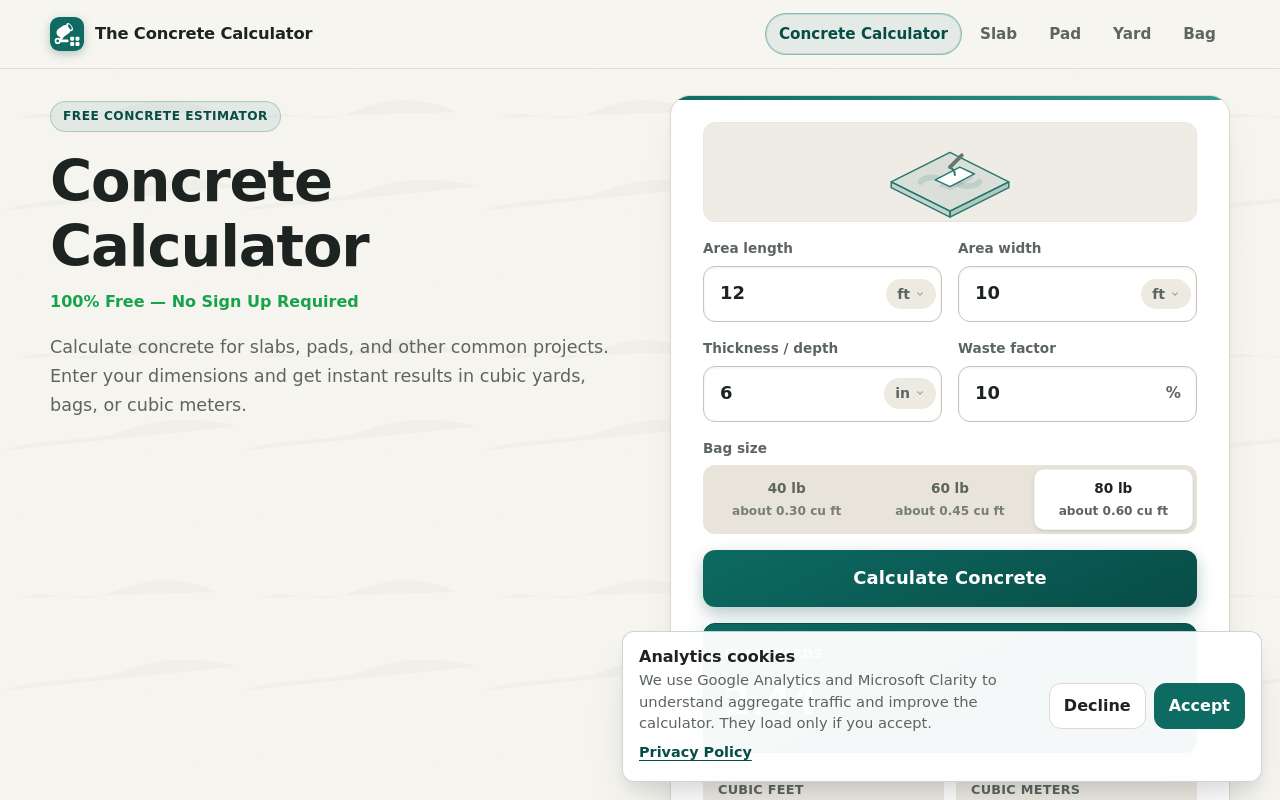 做了一个免费的 Concrete Calculator,帮 DIY 用户估算混凝土用量